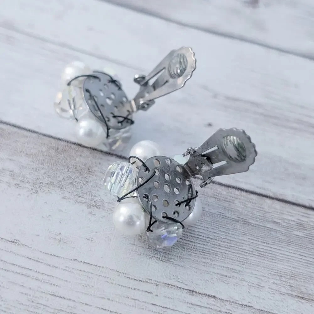 Vintage Clip On Earrings Faux Pearl & Iridescent Cluster Statement